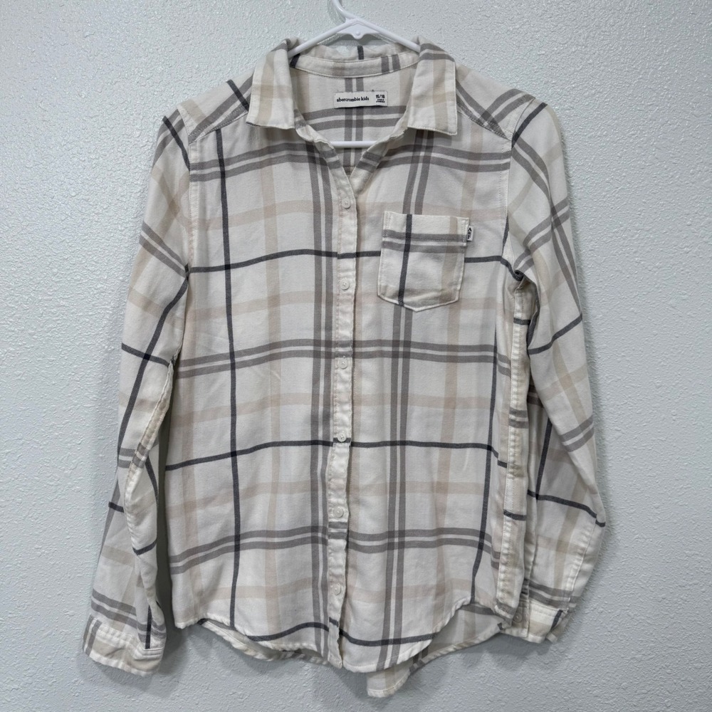 Abercrombie Kids Plaid Flannel Shirt Cream Tan Grey Button Down Size 15/16 XL